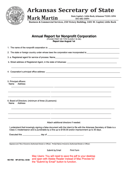 Fillable Form Np-Ar - Annual Report For Nonprofit Corporation Printable pdf