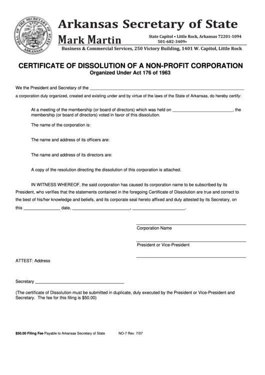 Form No-7 - Certificate Of Dissolution Of A Non-Profit Corporation - Arkansas Secretary Of State Printable pdf