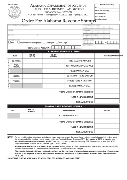 Fillable Form Tob: Ts01 - Order For Alabama Revenue Stamps - 2010 Printable pdf