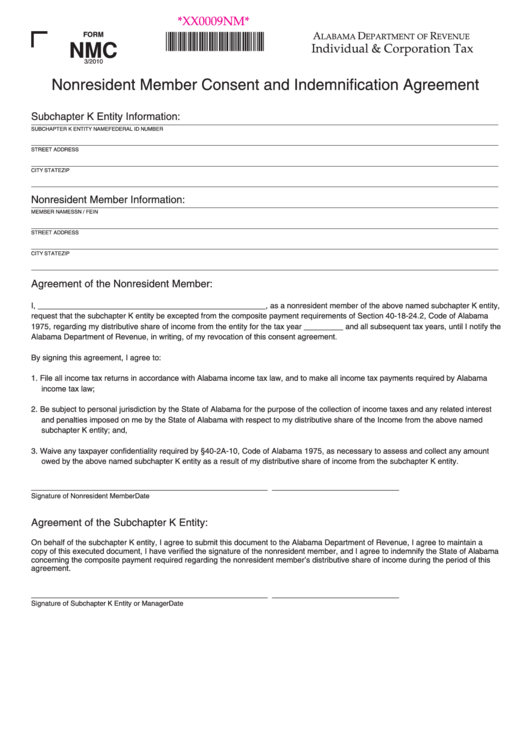 Form Nmc - Nonresident Member Consent And Indemnification Agreement - Alabama Department Of Revenue Printable pdf