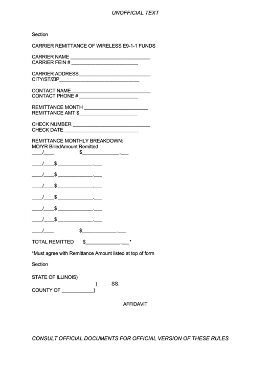 Carrier Remittance Of Wireless E9-1-1 Funds Form Printable pdf