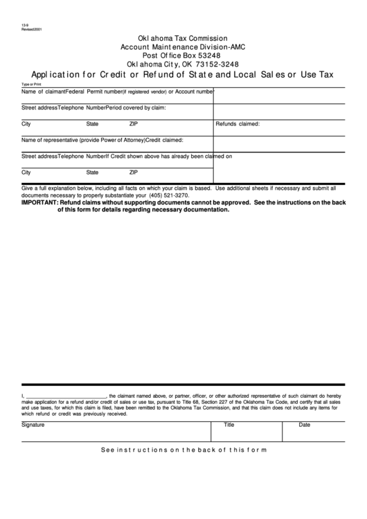 Application For Credit Or Refund Of State And Local Sales Or Use Tax Form Printable pdf