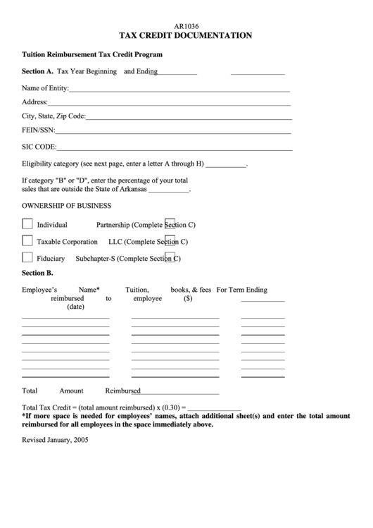 Ar1036 Tuition Reimbursement Tax Credit Program Form Printable pdf