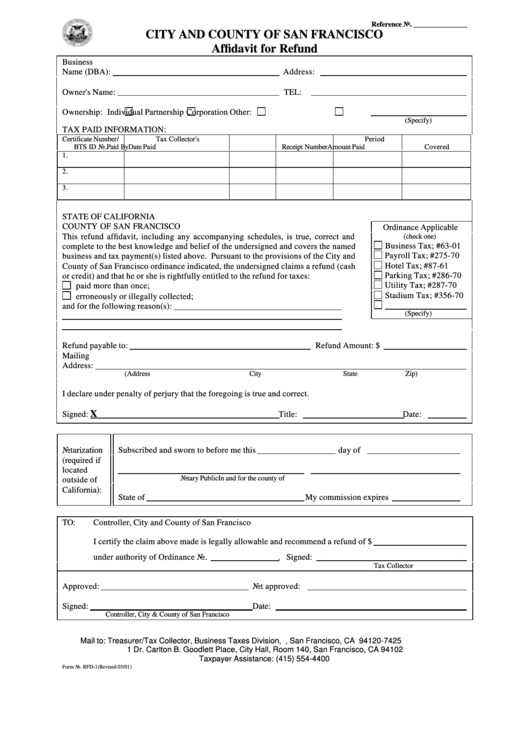 Form Rfd-1 - City And County Of San Francisco Affidavit For Refund - 2001 Printable pdf