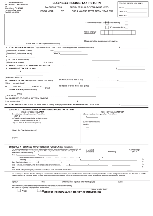 Business Income Tax Return - City Of Miamisburg Income Tax Department Printable pdf