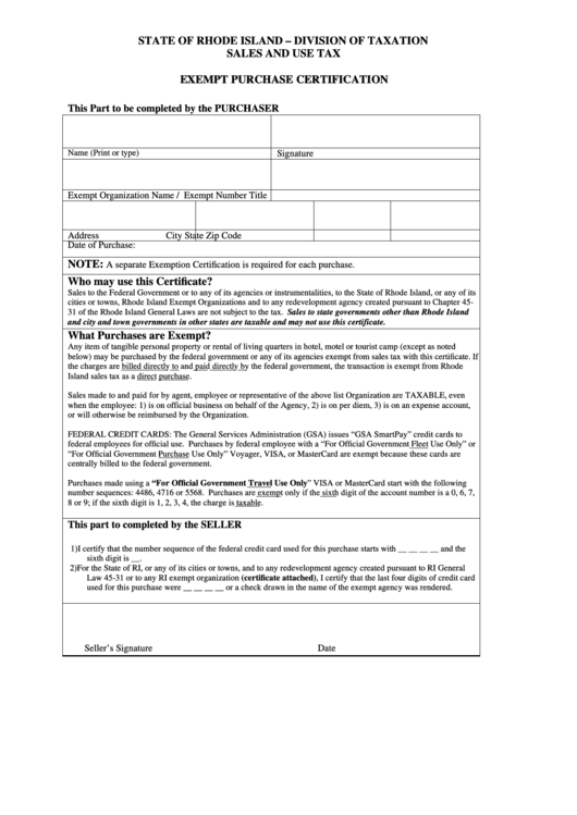 Exempt Purchase Certification Form - State Of Rhode Island Printable pdf