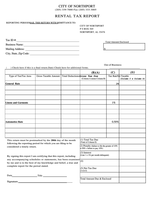 Fillable Rental Tax Report Form - City Of Northport Printable pdf