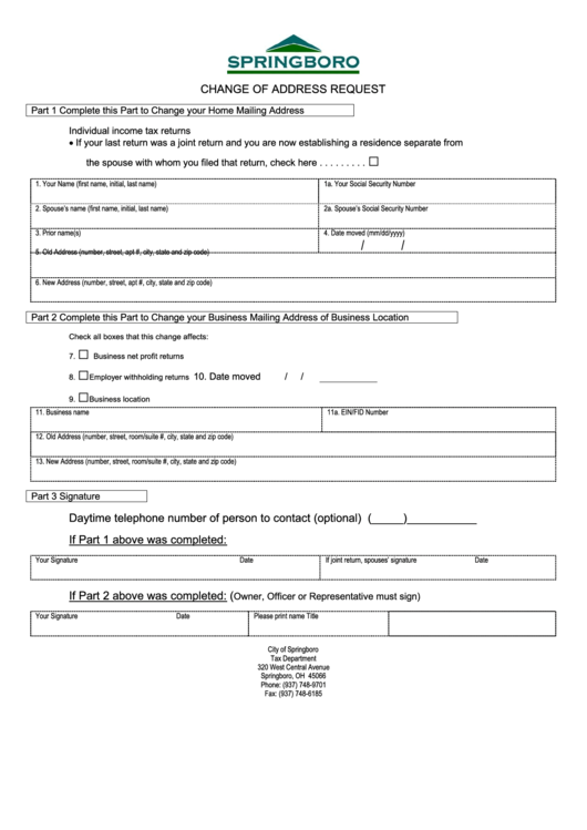 Change Of Address Request Form Printable pdf