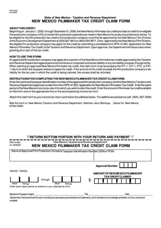 Rpd-41304 New Mexico Filmmaker Tax Credit Claim Form Printable pdf