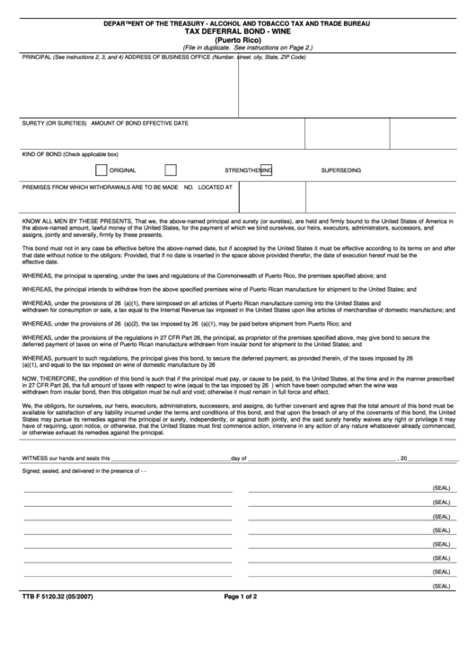 Fillable Form Ttb F 5120.32 - Tax Deferral Bond - Wine (Puerto Rico) Printable pdf