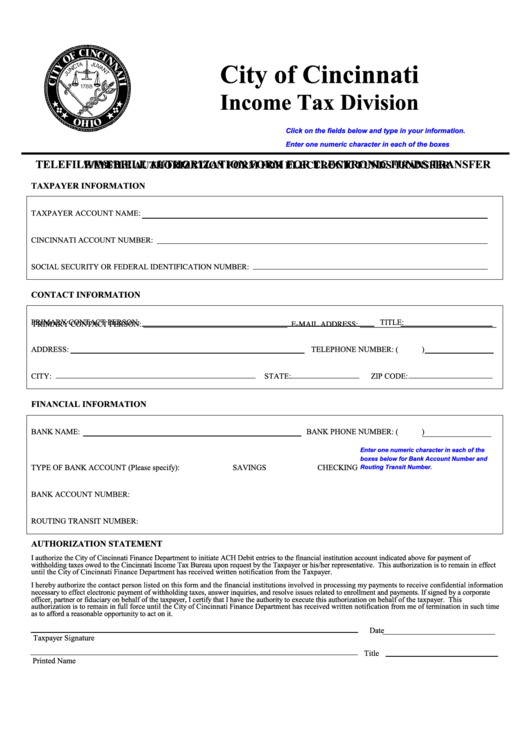 Fillable Webfile Authorixation Form For Electronic Funds Transfer Form - City Of Cincinnati Income Tax Division Printable pdf