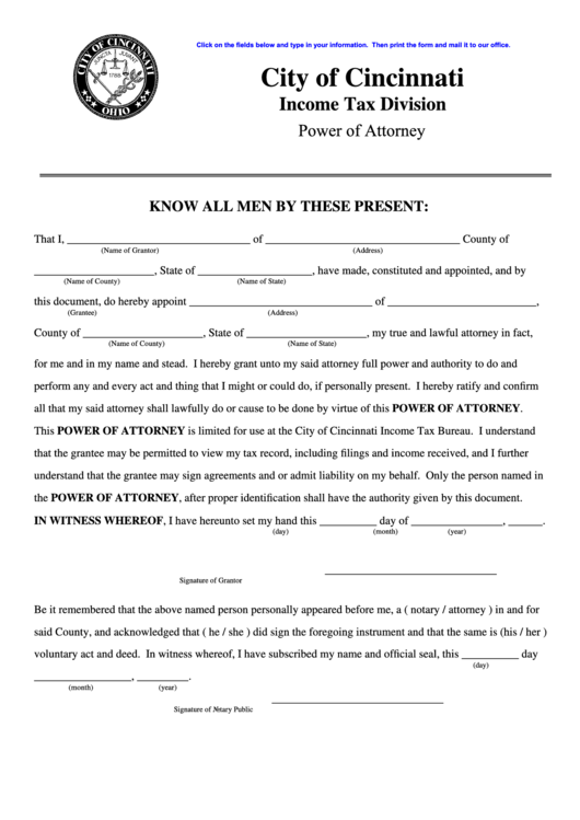 Fillable Power Of Attorney - City Of Cincinnati Printable pdf