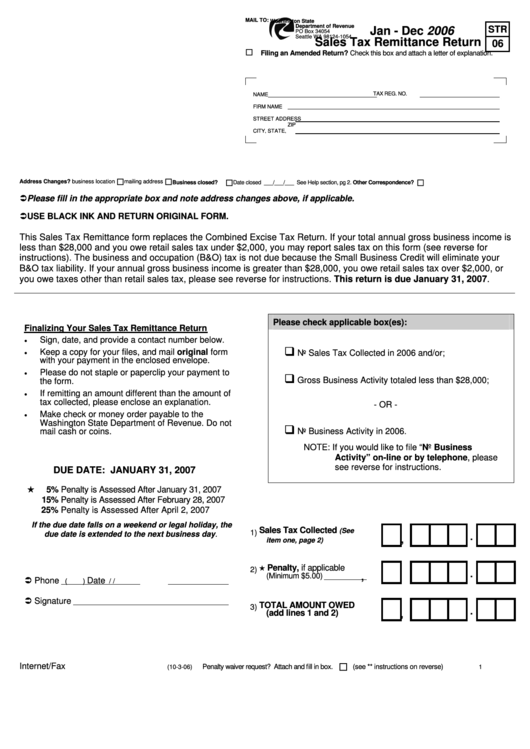 Form Str 06 - Sales Tax Remittance Return Form (2006) Printable pdf