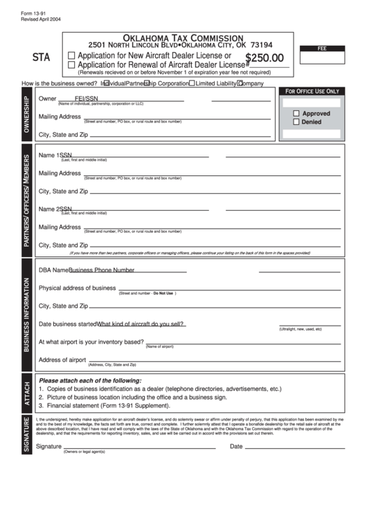 Fillable Form 13-91 - Application For Aircraft Dealer License - Oklahoma Tax Commission Printable pdf