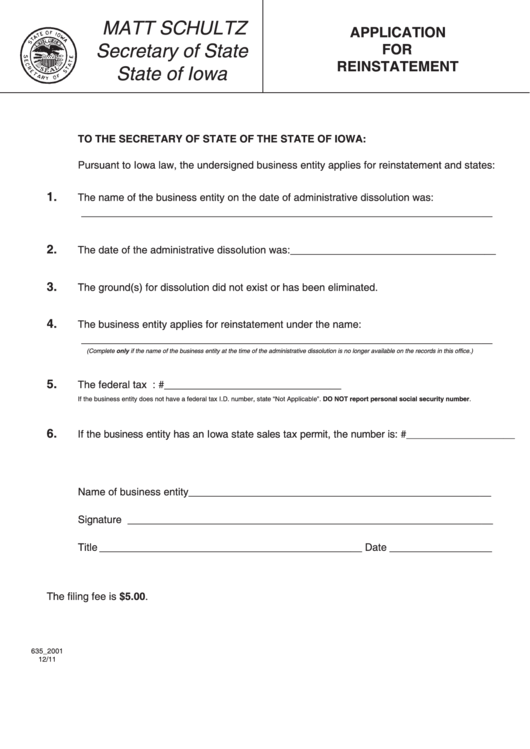Fillable Form 635_2001 - Application For Reinstatement Printable pdf