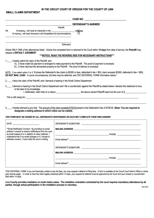 Small Claims Department Form Printable pdf