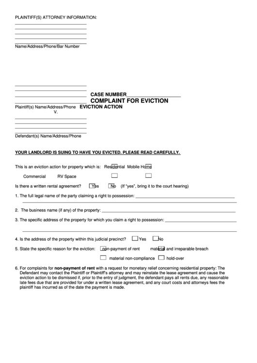 Complaint For Eviction Eviction Action Form Printable pdf