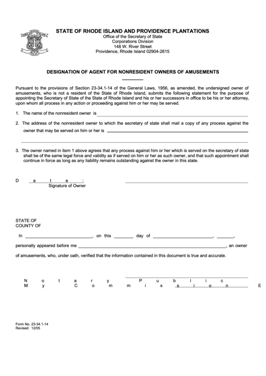Fillable Form No. 23-34.1-14 Designation Of Agent For Nonresident Owners Of Amusements Printable pdf