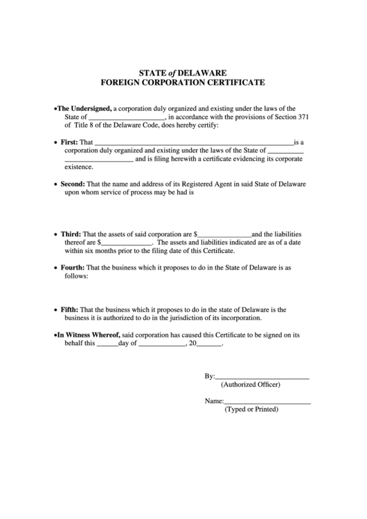 Fillable Foreign Corporation Certificate Template - State Of Delaware Printable pdf