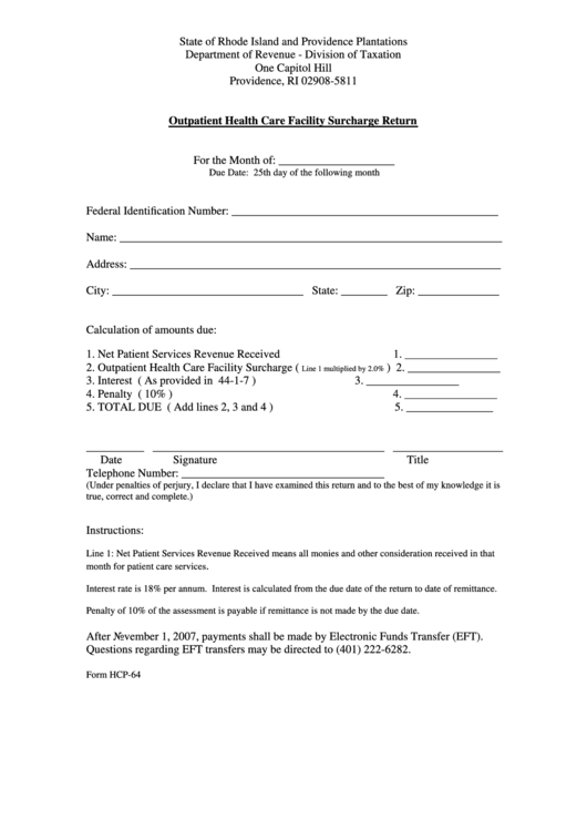 Form Hcp-64 - Outpatient Health Care Facility Surcharge Return Printable pdf