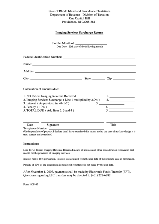 Form Hcp-65 - Imaging Services Surcharge Return Printable pdf