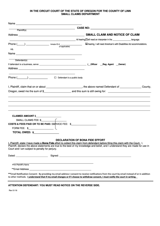 Small Claims Department Form