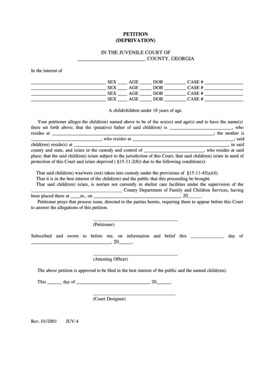 Juv-4 - Petition (Deprivation) Form Printable pdf