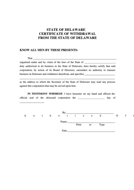 Fillable Certificate Of Withdrawal From The State Of Delaware Template Printable pdf