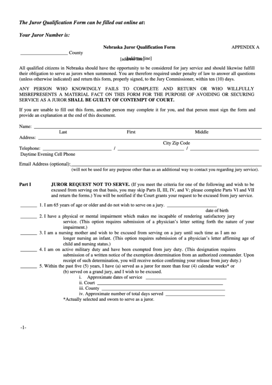 Nebraska Juror Qualification Form Printable pdf
