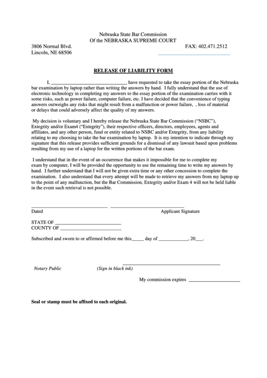Fillable Release Of Liability Form Printable pdf