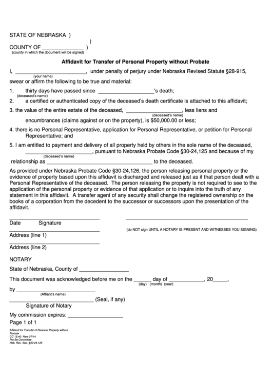 Fillable Affidavit For Transfer Of Personal Property Without Probate Form Printable pdf