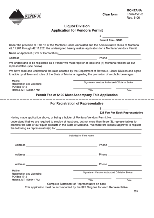 Fillable Montana Form Avp-2 - Liquor Division Application For Vendors Permit - Department Of Revenue Printable pdf