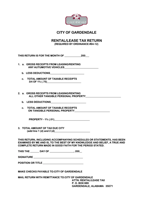 Rental/lease Tax Return Form - City Of Gardendale Printable pdf