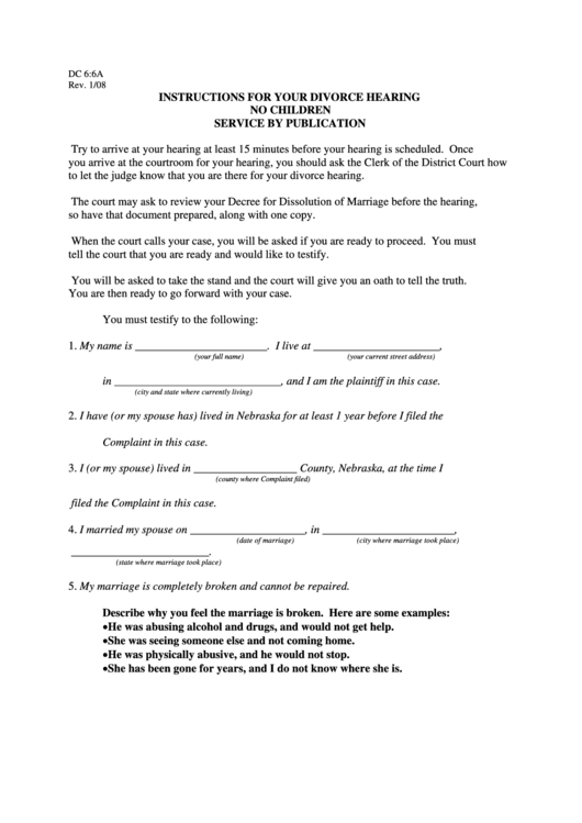 Instructions For Your Divorce Hearing No Children Service By Publication Form Printable pdf