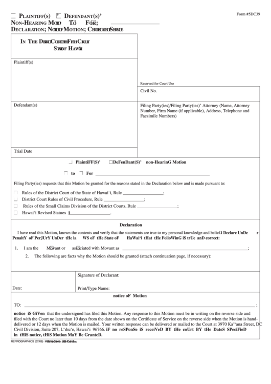 Form 5dc39 - Declaration; Notice Of Motion; Certificate Of Service