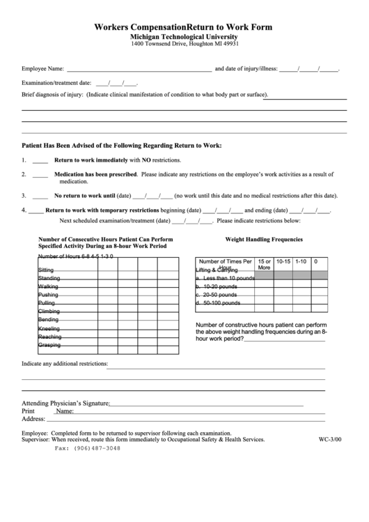 Wc-3/00 - Workers Compensation Return To Work Form Printable pdf