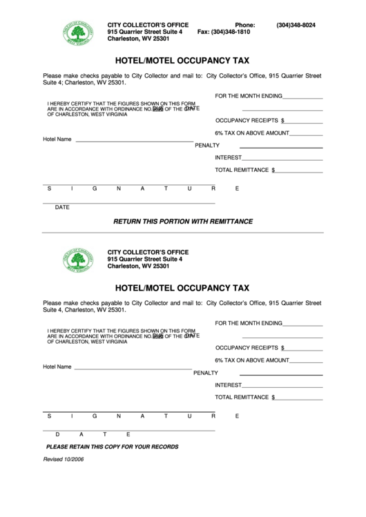 Hotel/motel Occupancy Tax Form - Charleston, Wv Printable pdf