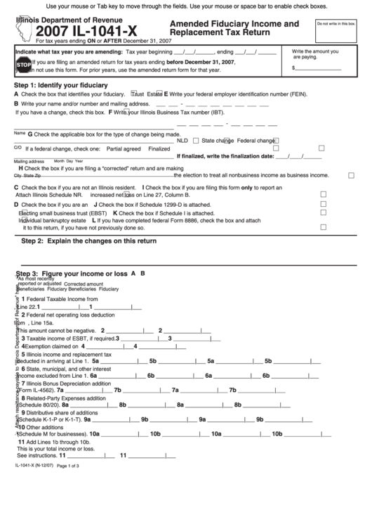 Fillable Form Il-1041-X - Amended Fiduciary Income And Replacement Tax Return - 2007 Printable pdf