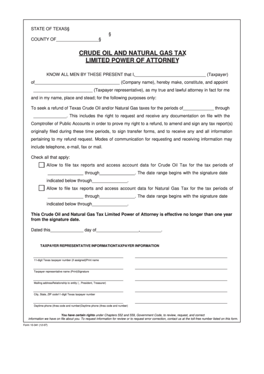 Fillable Form 10-341 - Crude Oil And Natural Gas Tax Limited Power Of Attorney - State Of Texas Printable pdf