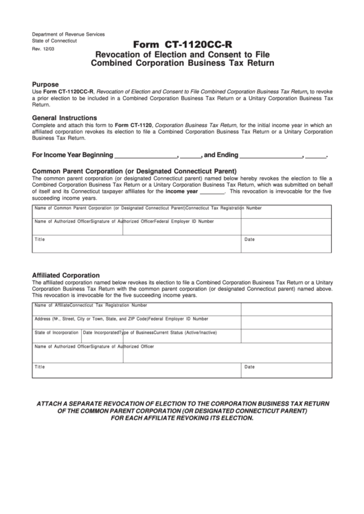 Form Ct-1120cc-R - Revocation Of Election And Consent To File Combined Corporation Business Tax Return - 2003 Printable pdf