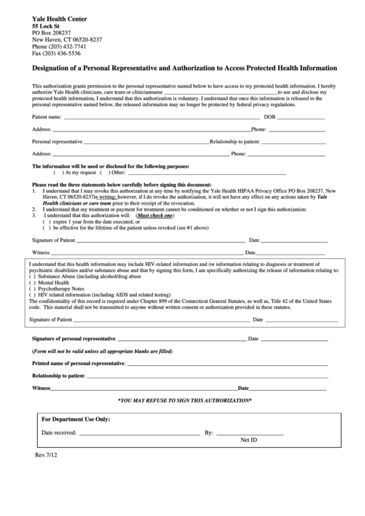 Designation Of A Personal Representative And Authorization To Access Protected Health Information Form Printable pdf