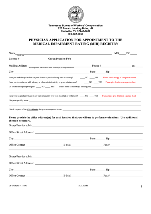 Physician Application For Appointment To The Medical Impairment Rating (mir) Registry Form