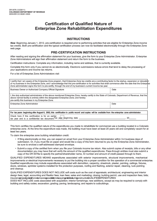 Fillable Form Dr 0076 - Certification Of Qualified Nature Of Enterprise Zone Rehabilitation Expenditures Printable pdf