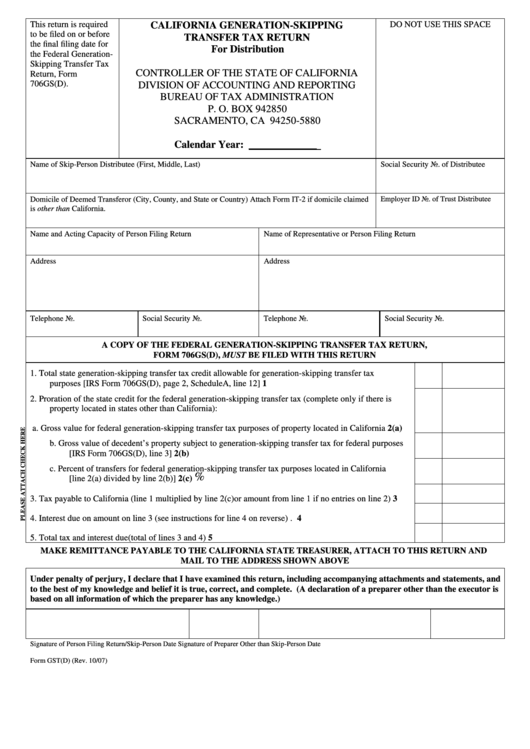 Fillable Form Gst(D) - California Generation-Skipping Transfer Tax Return Printable pdf