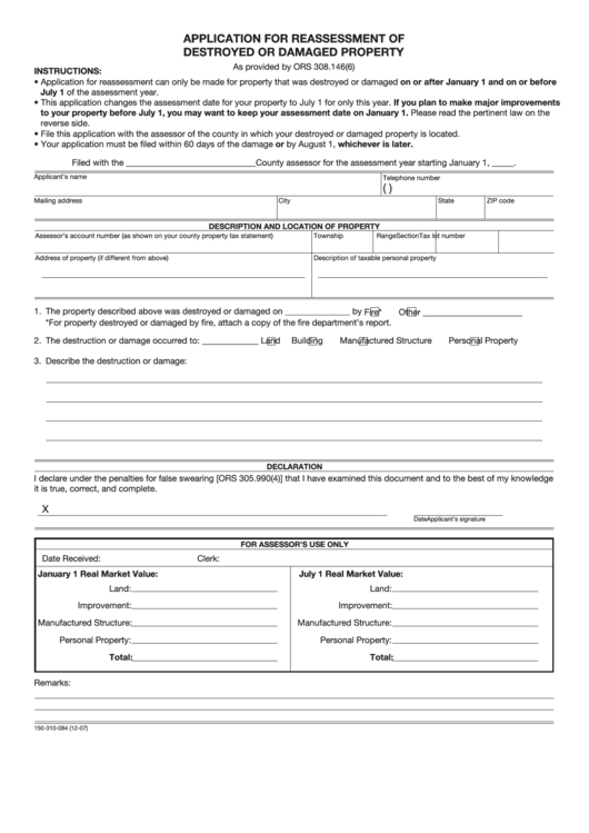 Fillable Form 150-310-083 - Application For Reassessment Of Destroyed Or Damaged Property - Oregon Department Of Revenue Printable pdf