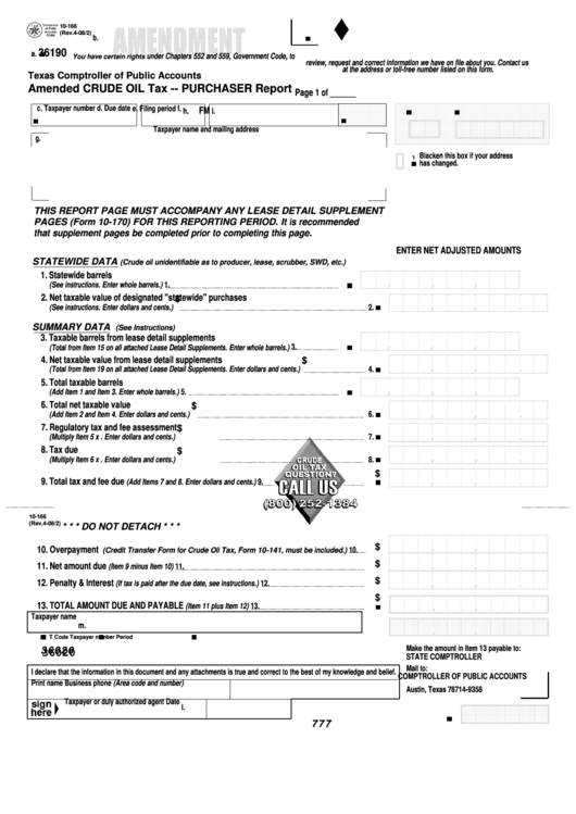 Fillable Form 10-166 - Amended Crude Oil Tax - Purchaser Report Printable pdf