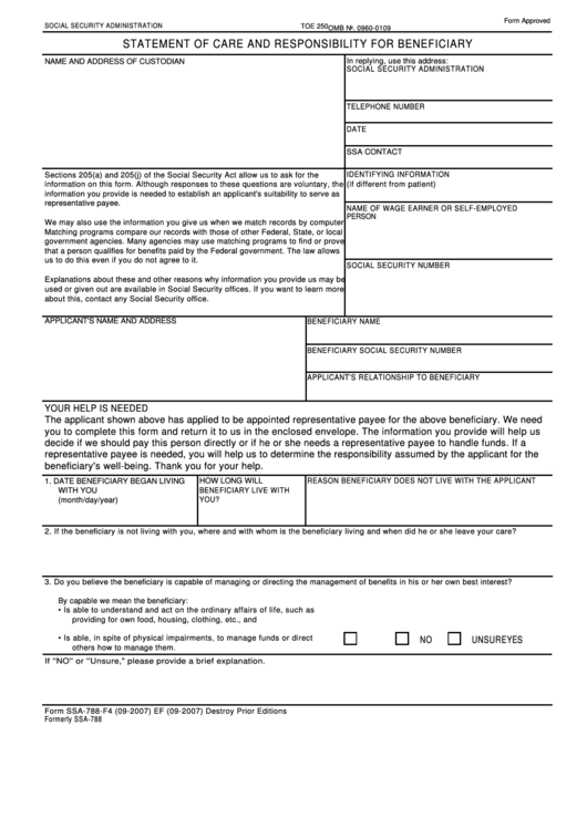 Form Ssa-788-F4 - Statement Of Care And Responsibility For Beneficiary Printable pdf