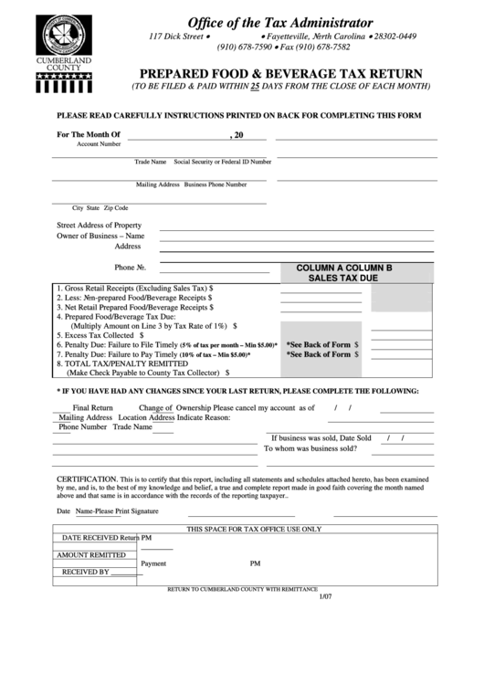 Prepared Food & Beverage Tax Return Form - Office Of The Tax Administrator, North Carolina Printable pdf