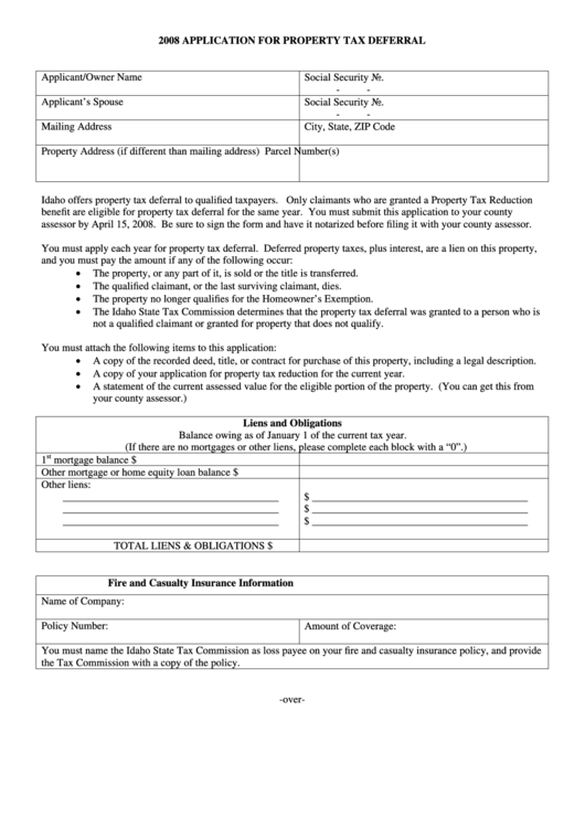 Form Efo00023 - Application For Property Tax Deferral - 2008 Printable pdf
