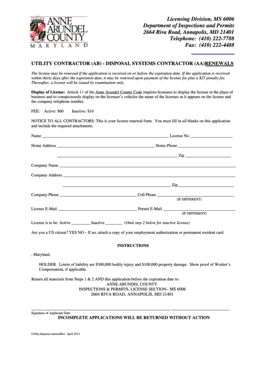 Fillable Utility & Disposal Systems Contractors License Renewal Application Form - Anne Arundel County, Maryland Printable pdf